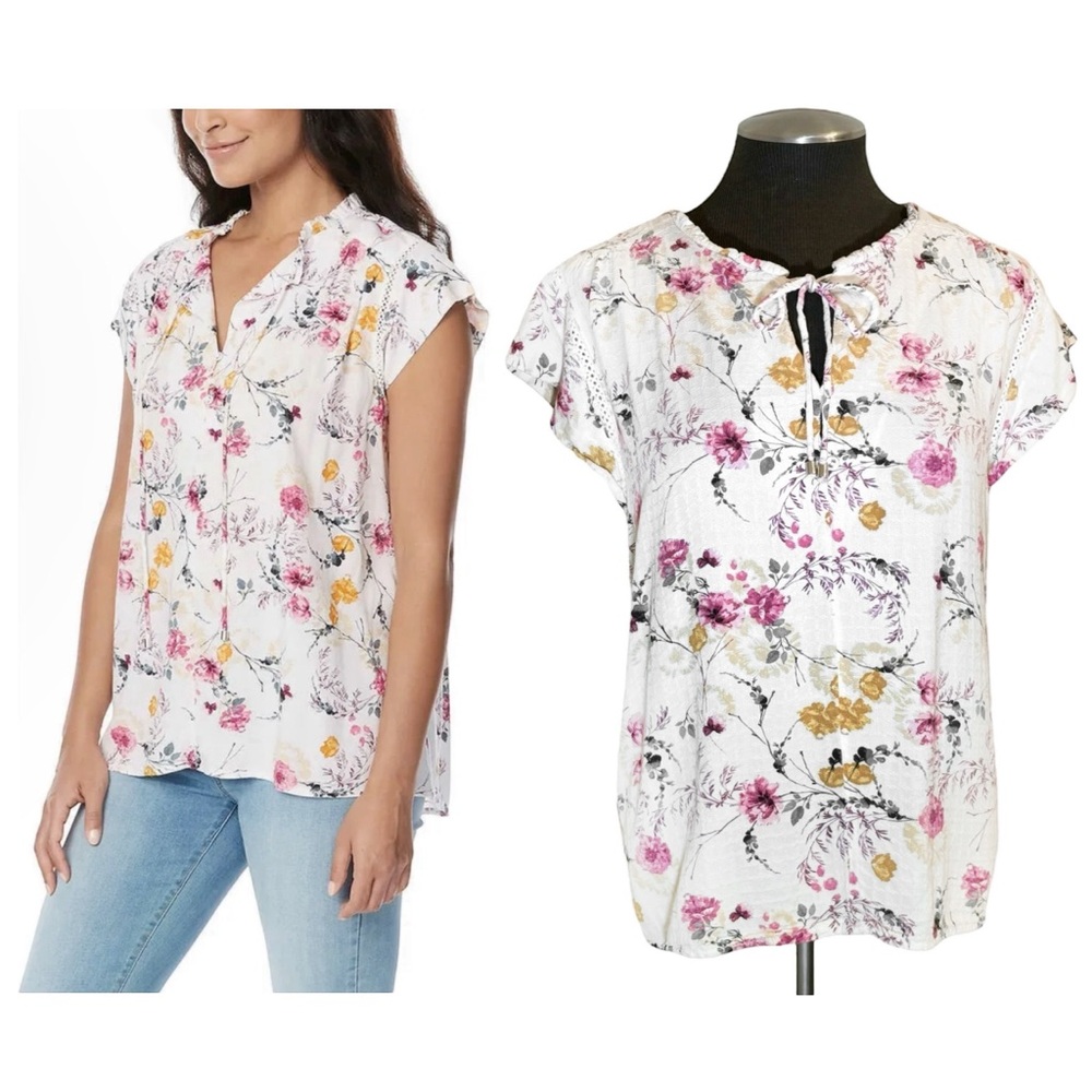 Buffalo David Bitton – Floral Tie Front Cap Sleeve Knit Top – Large